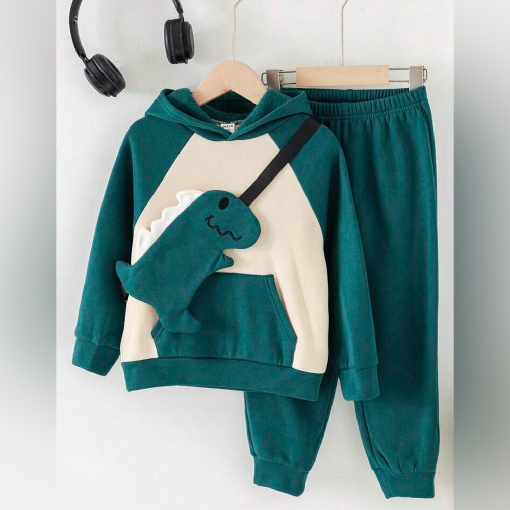 Sz 4Y Shein 3 pcs set boys Green Dinosaur Hoodie and Pants Set - Picture 4 of 16